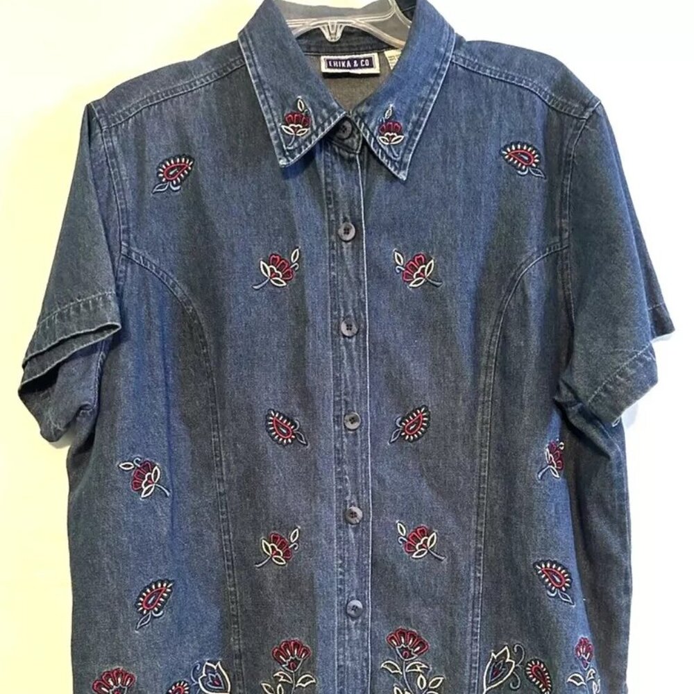 Denim Retro Vintage Blouse Top Women Embroidered Floral EUC Cotton XL